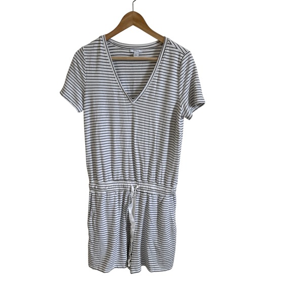 Daily Ritual Women's Striped Romper - Short Sleeve V-Neck Drawstring Waist, M - Picture 1 of 7